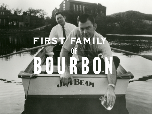 James B. Beam - The First Family of Bourbon text image with two people sailing boat in background
