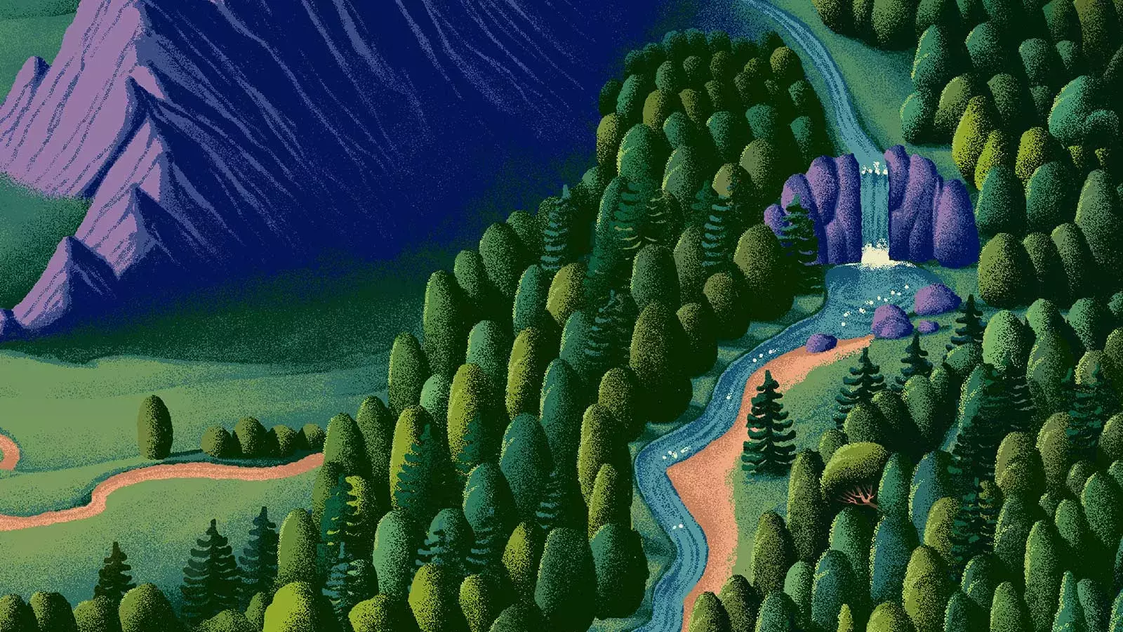 A stylized, vibrant illustration of a mountain and a densely-treed forest with a river flowing through it, featuring a small waterfall. Whisky Hardin's Creek