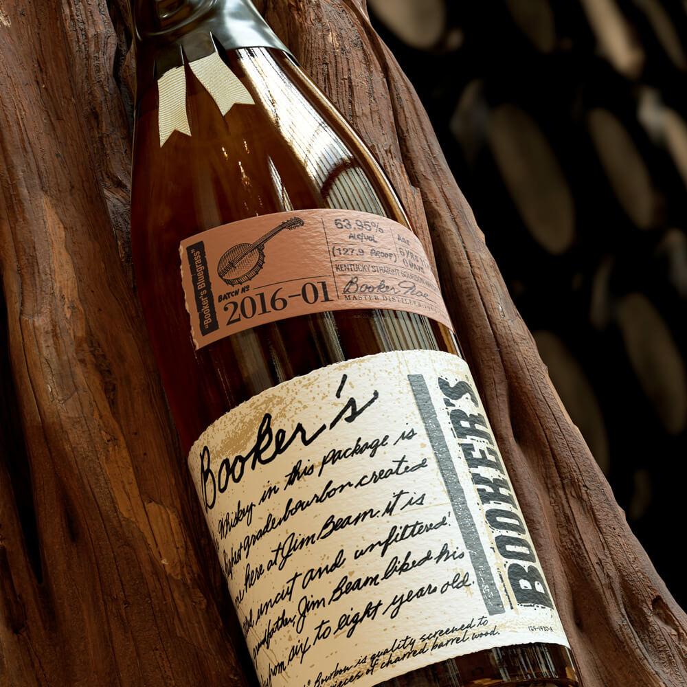 Booker’s bottle batch 2016-01 with box and dark background
