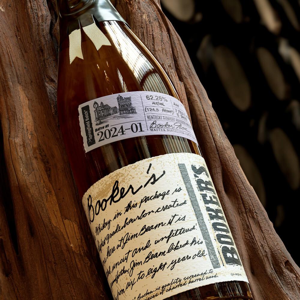 Booker’s bottle batch 2024-01 with box and dark background
