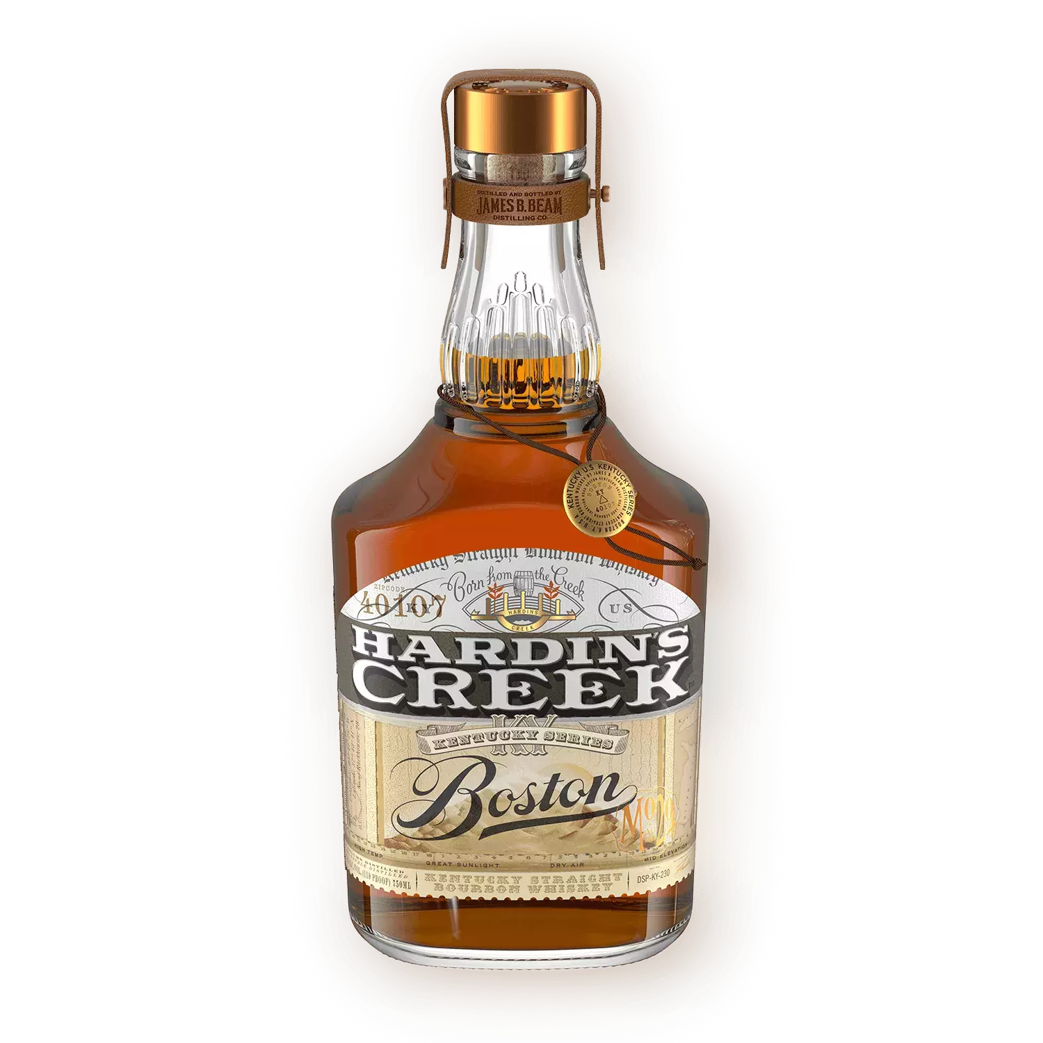 Bell-shaped whiskey bottle with a white and gold label reading "Boston" in script Bottle Whisky Hardin's Creek.
