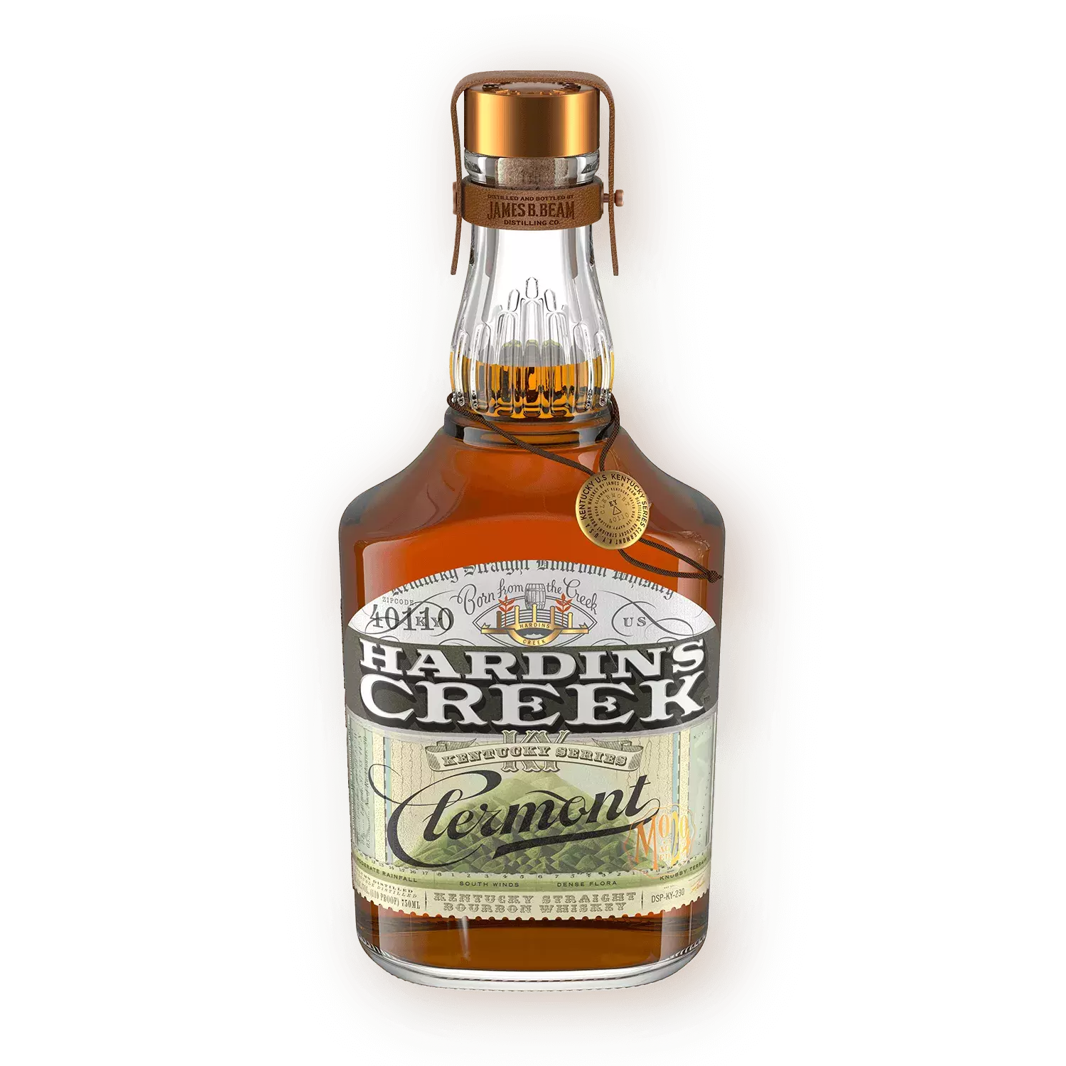 Bell-shaped whiskey bottle with a white and green label reading "Clermont" in script Bottle Whisky Hardin's Creek.
