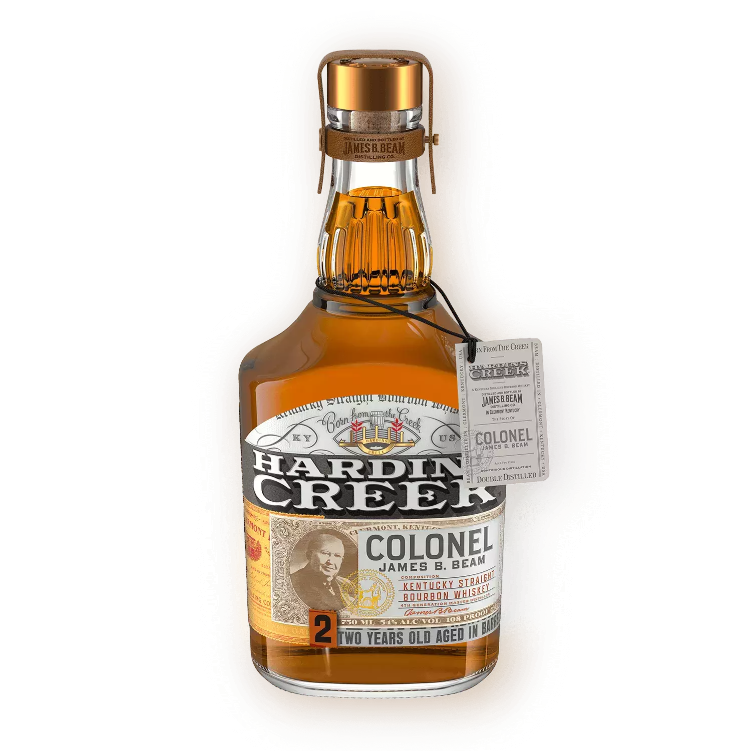 Bell-shaped whiskey bottle with a label featuring a portrait of Colonel James B. Beam Bottle Whisky Hardin's Creek.