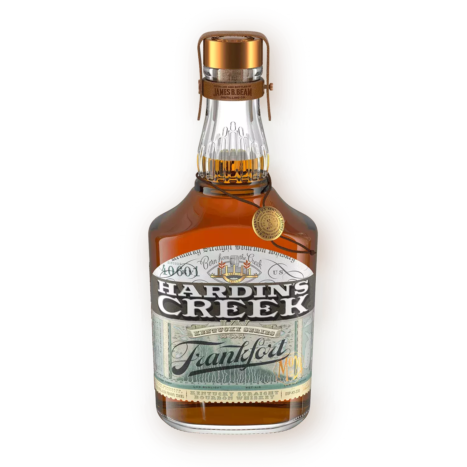 Bell-shaped whiskey bottle with a white and light green label reading "Frankfort" in script Bottle Whisky Hardin's Creek.