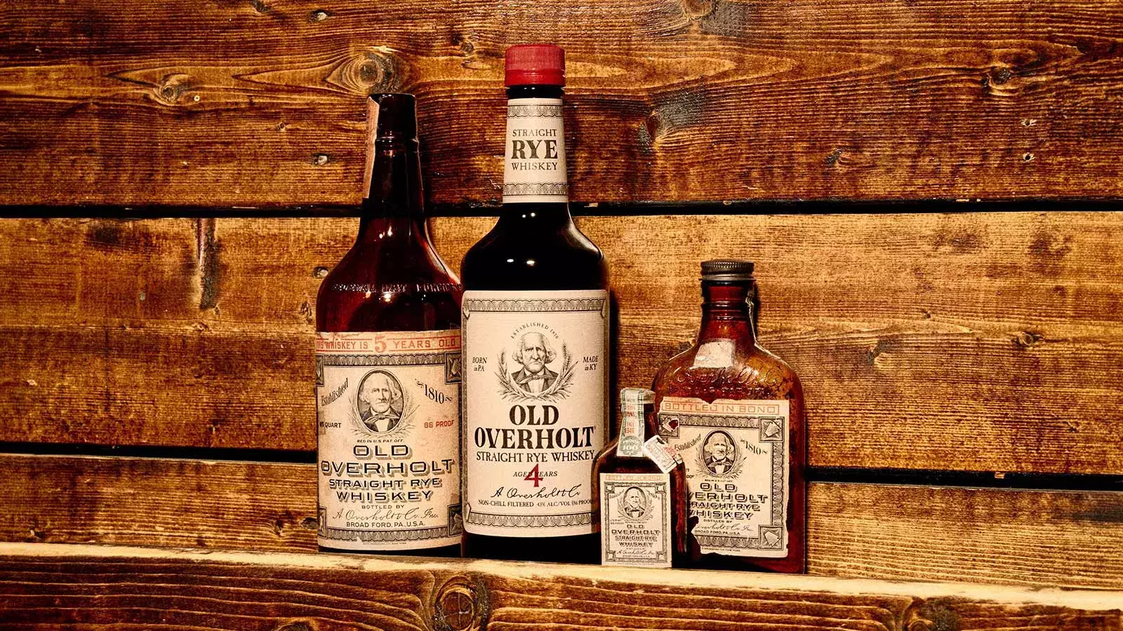 Family of bottles of American Rye Whisky Old Overholt