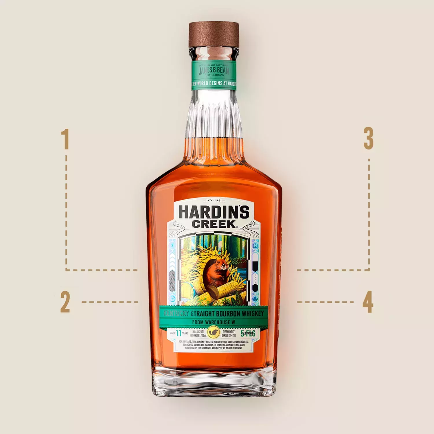 A square-shouldered bottle of Kentucky Straight Bourbon Whiskey from Warehouse R, featuring a colorful illustration of a glowing mushroom on the label. The image includes numbered measurement guides on Whisky Hardin's Creek