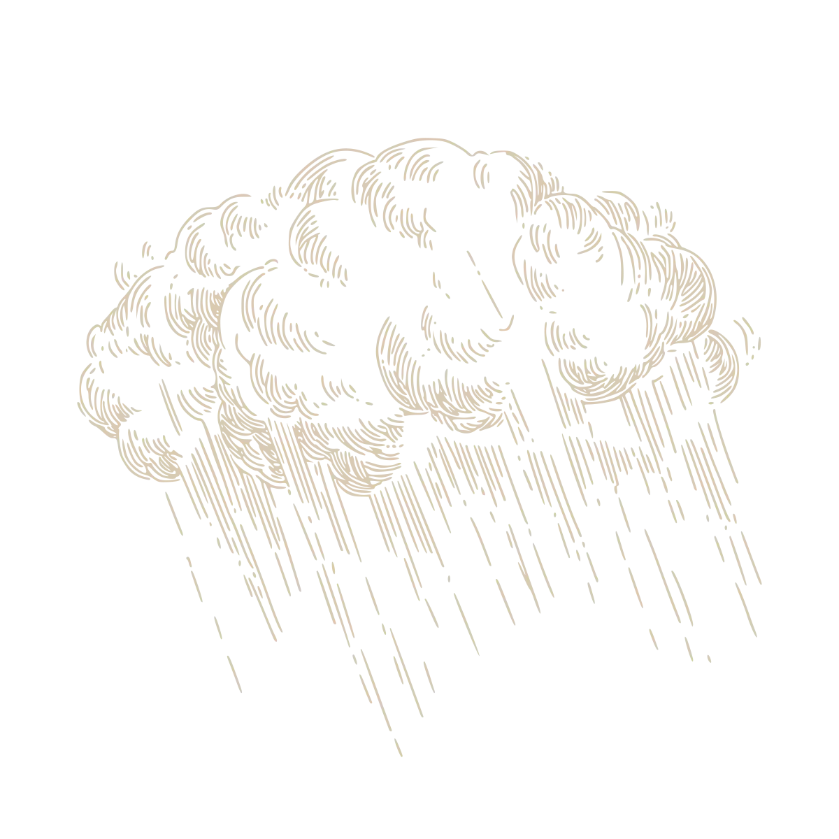 An etched, line-art illustration of a cloud raining, representing climate notes Whisky Hardin's Creek.