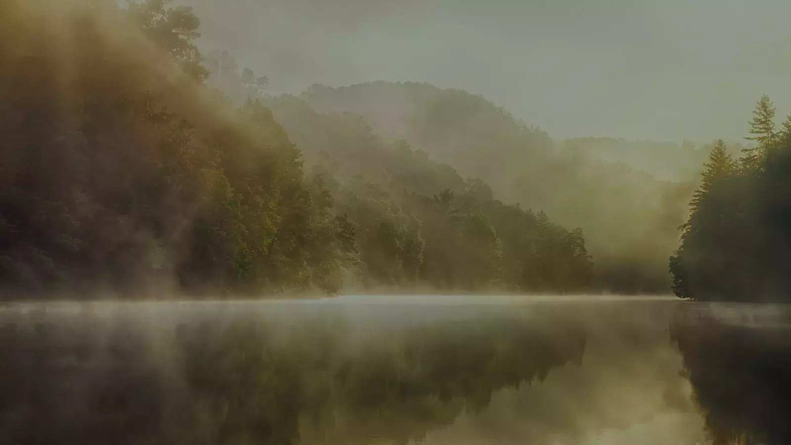 A misty landscape photo of a calm lake or river with surrounding wooded hills, with sunlight breaking through the fog Whisky Hardin's Creek.
