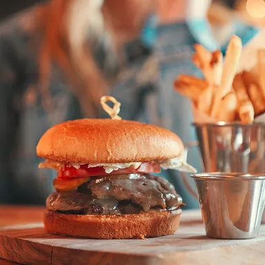 Cheeseburger with melted cheese & a side of fresh-cut fries at The Kitchen Table restaurant.  ALT TEXT