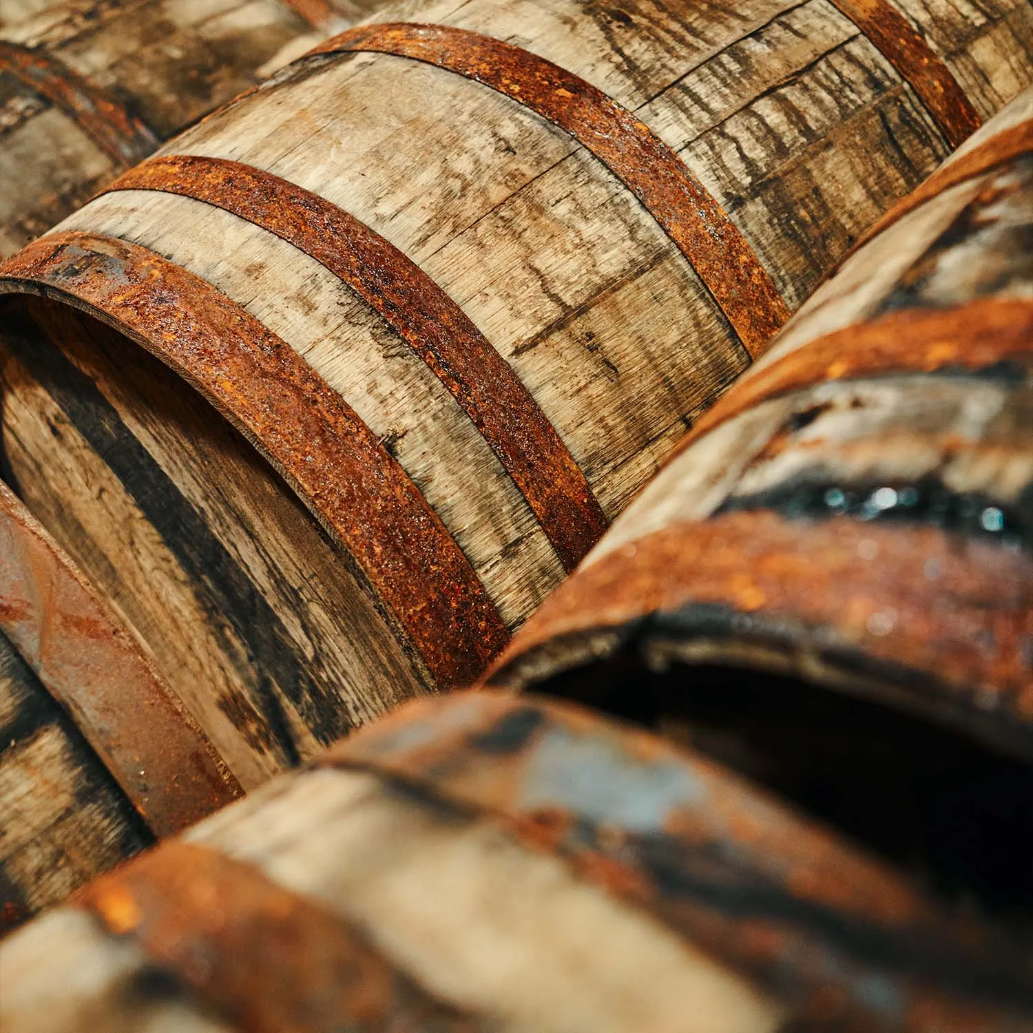 Close-up of bourbon barrels with rusted hoops. Barrel aging process at James B. Beam Distilling Co.