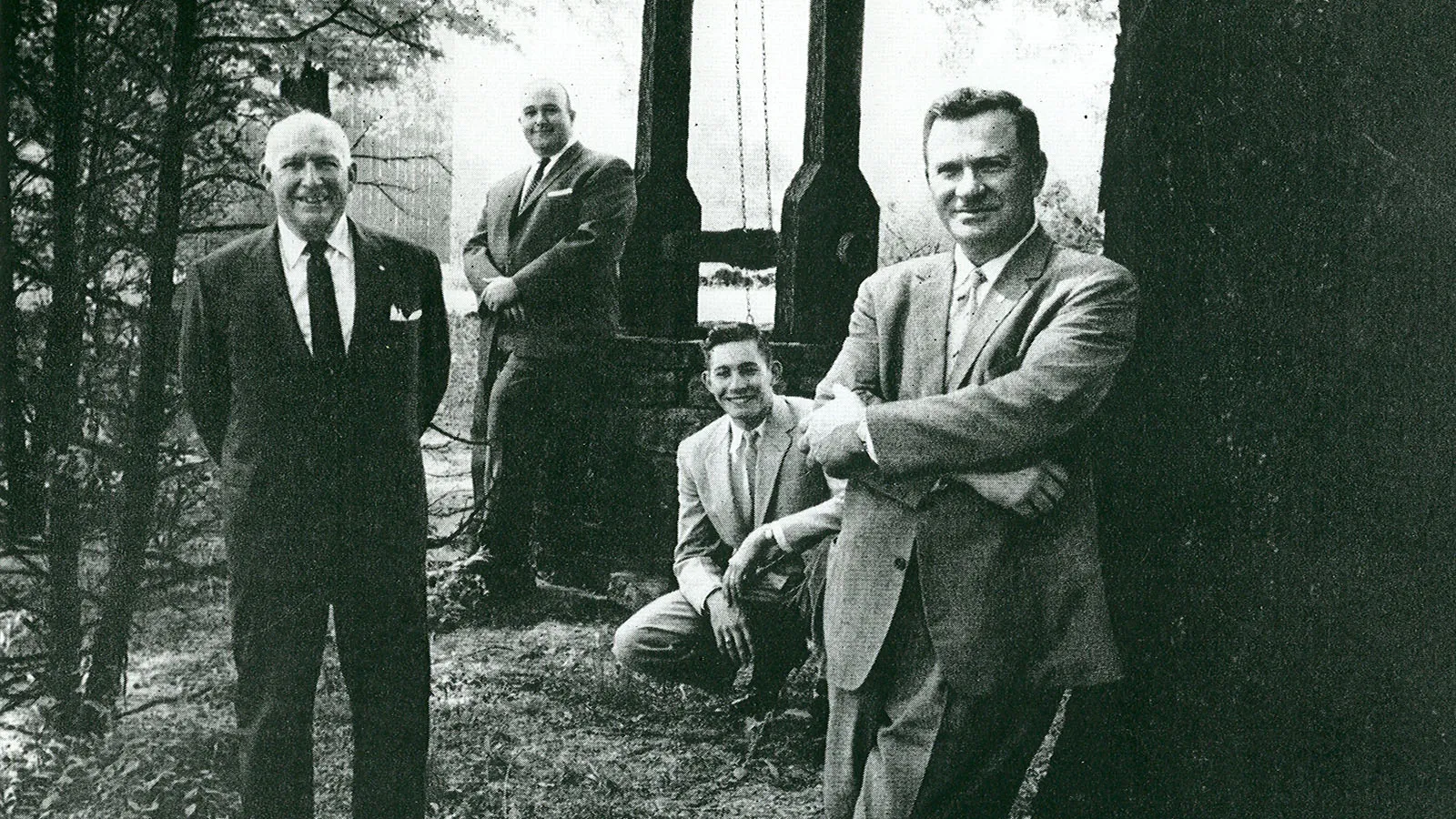 Vintage photo of Beam family distillers, TJ, Booker, Baker, and Carl.