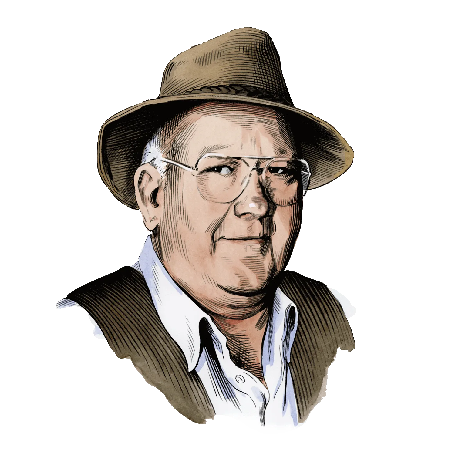 Illustrated portrait of 6th generation master distiller Booker Noe