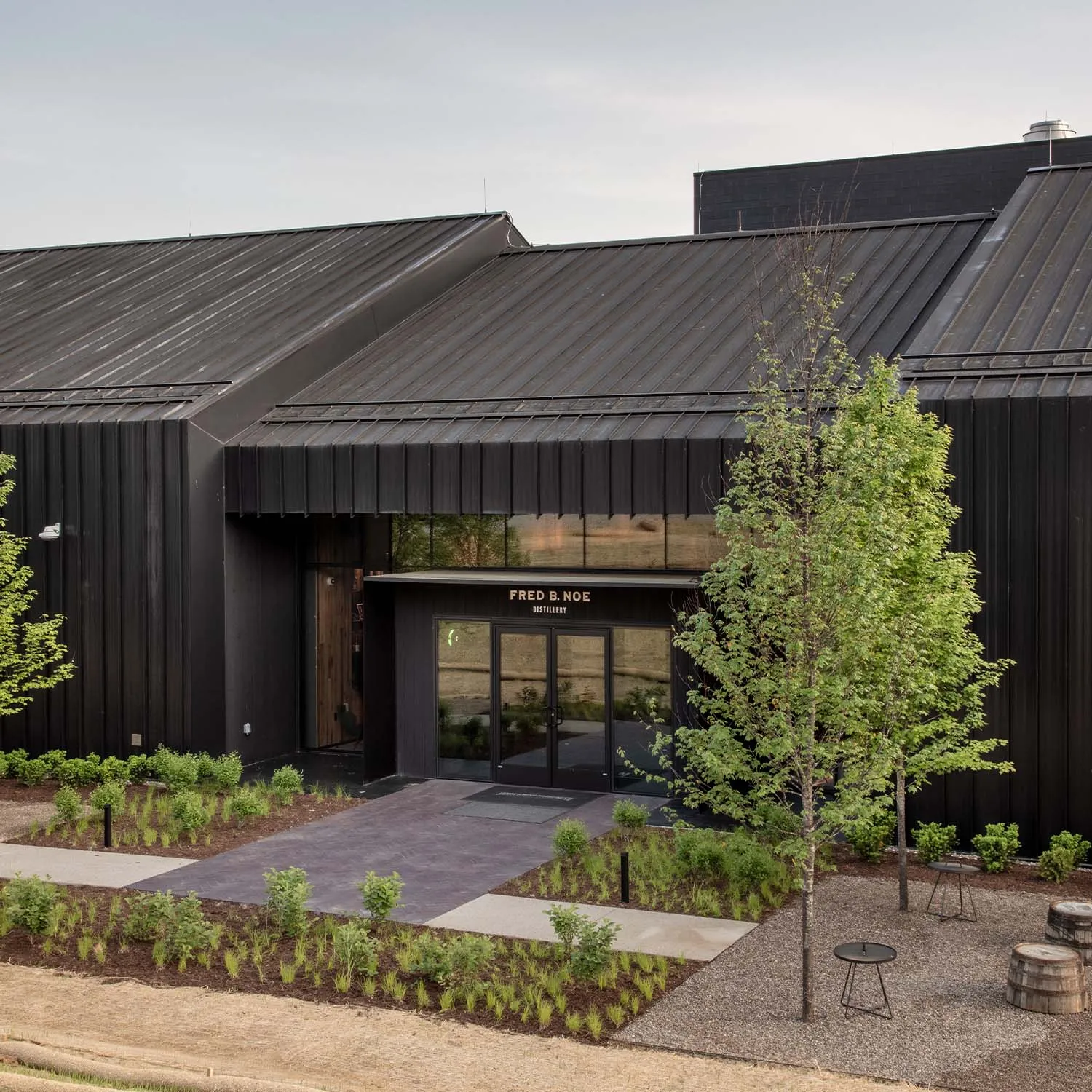 Entrance to the modern Fred B. Noe Distillery at James B. Beam Distilling Co. Clermont, KY.