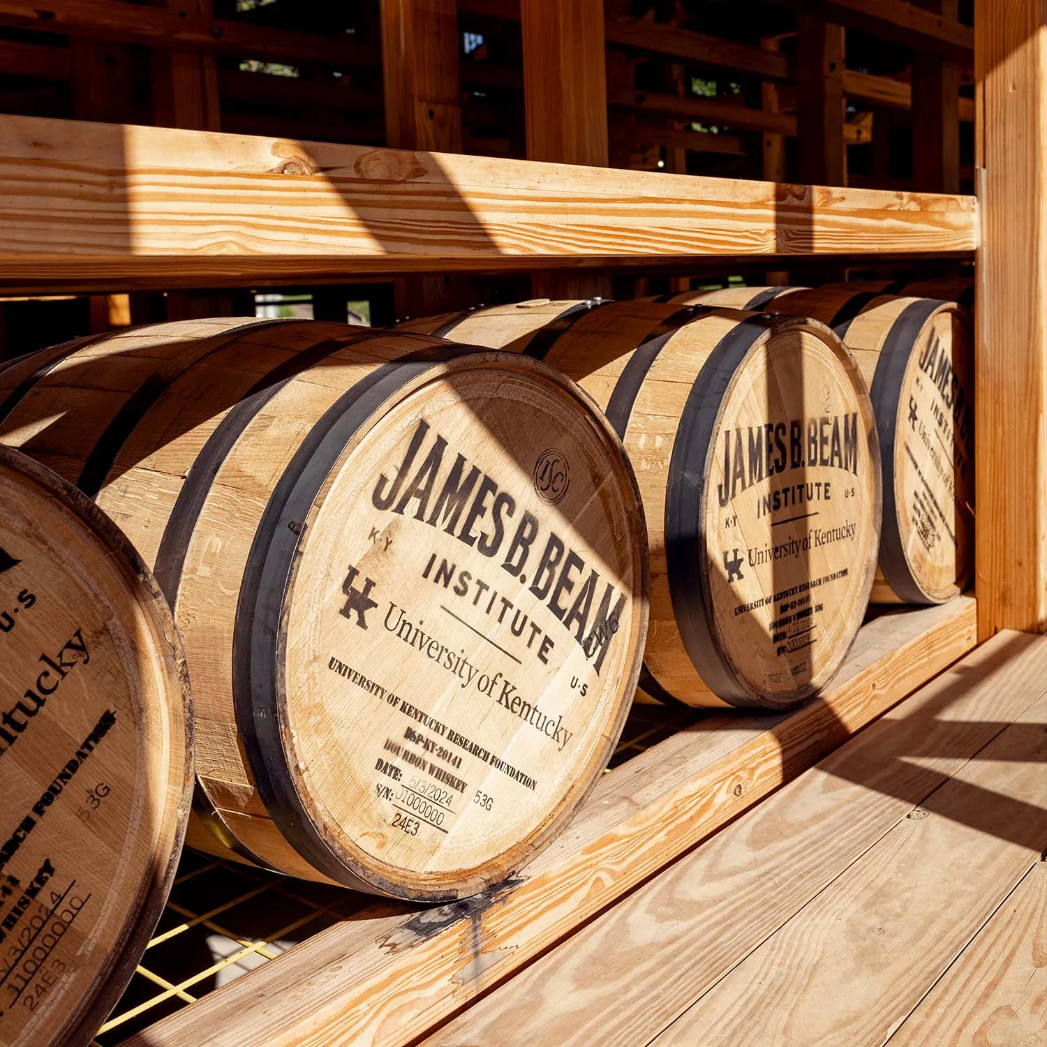 Research barrels from the James B. Beam Institute at University of Kentucky, showing bourbon innovation & education.