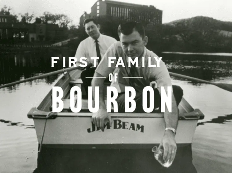 Black and white photo of two men in a rowboat labeled "Jim Beam" on the water, with the text "FIRST FAMILY OF BOURBON" overlayed Whisky Overholt
