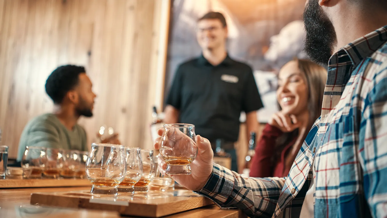Glasses of whiskey lined up for a tasting session at the James B. Beam Distilling Co. experience.  SEO