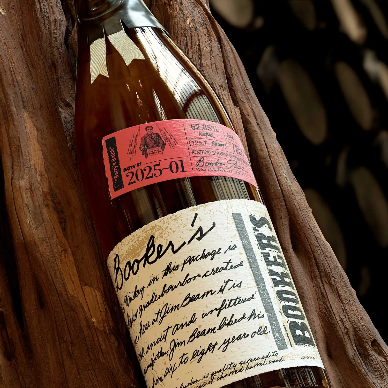 Booker’s bottle batch 2025-01 with box and dark background